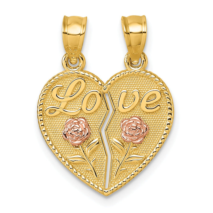 14k Real Gold LOVE And Roses Heart breakable pendant by Fine Color Jewels