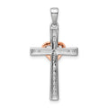 14k Two Tone Rose and White Gold Lab Grown Diamond Cross with Heart Pendant by Fine Color Jewels