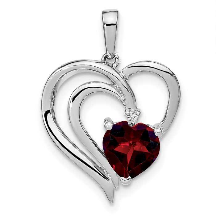 Sterling Silver Red Garnet Diamond Heart Pendant by Fine Color Jewels