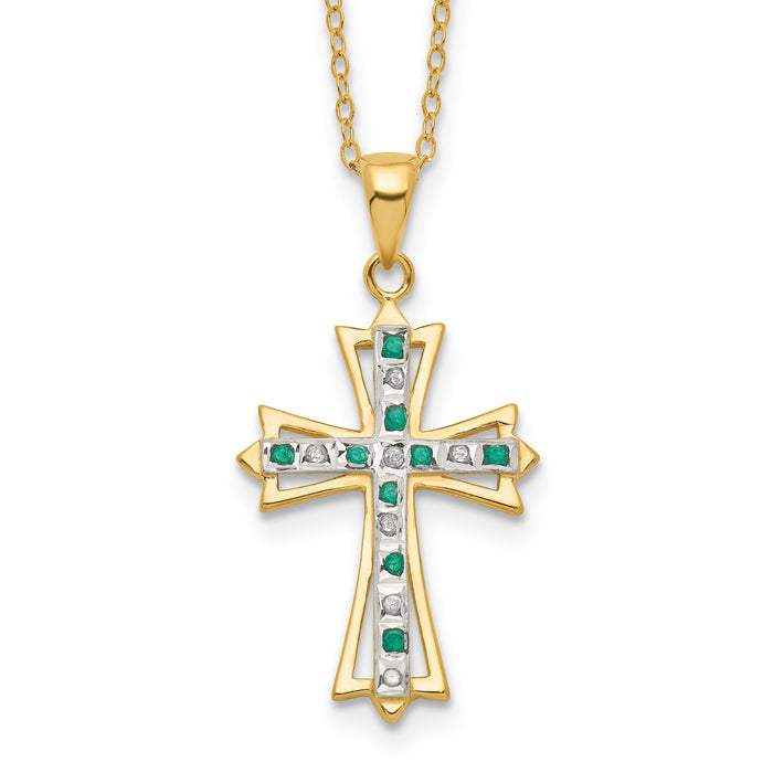 Silver Natural Diamond and Emerald Cross Necklace by Fine Color Jewels