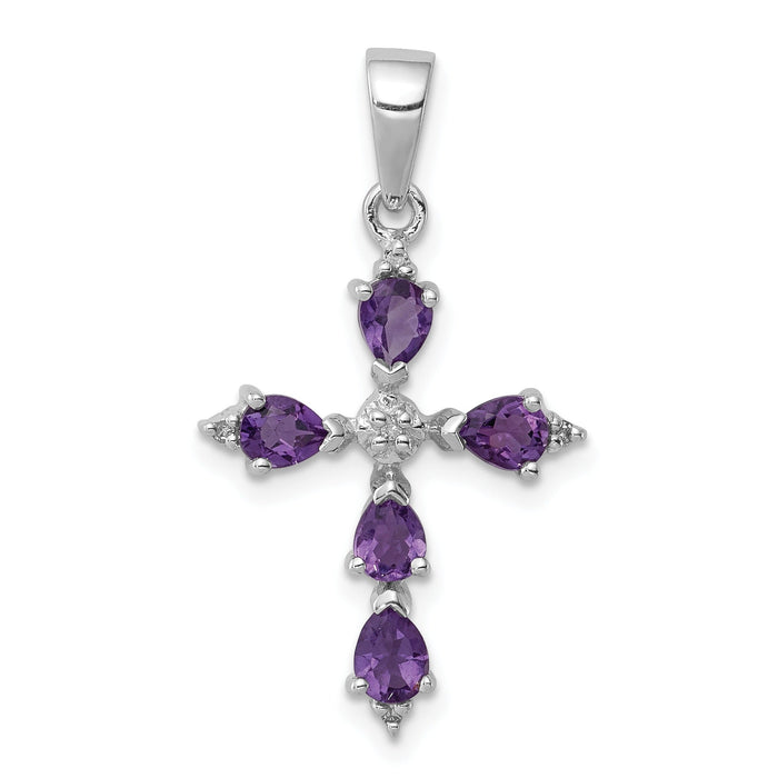 Silver Natural Amethyst and Diamond Cross Pendant by Fine Color Jewels