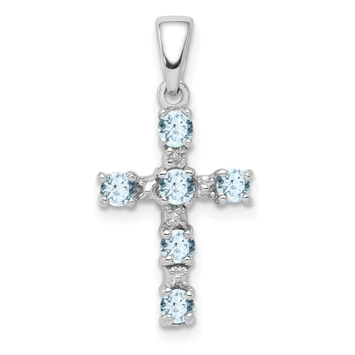 Sterling Silver Natural Blue Aquamarine and Diamond Cross Pendant by Fine Color Jewels