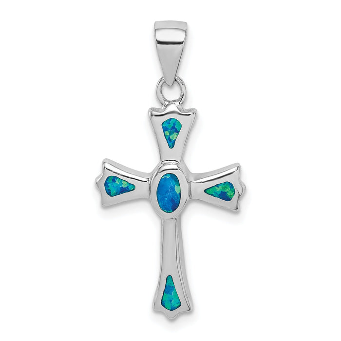 Sterling Silver Blue Opal Small Cross Pendant by Fine Color Jewels