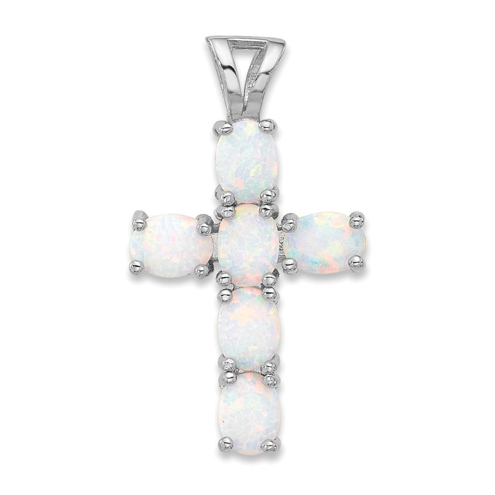 Silver Flash Platinum-plated Created White Opal Cross Pendant by Fine Color Jewels