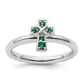 0.04 Ct Round Green Lab Created Emerald Prong Silver Stackable Cross Ring by Fine Color Jewels