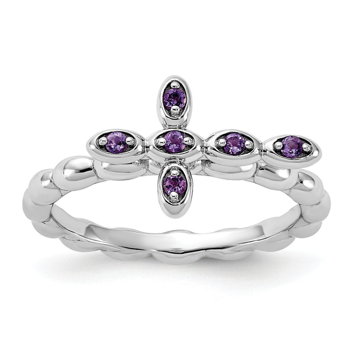 0.10 Ct Round Purple Amethyst Prong Silver Stackable Cross Ring by Fine Color Jewels