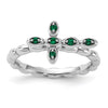 0.01 Ct Round Green Lab Created Emerald Prong Silver Stackable Cross Ring