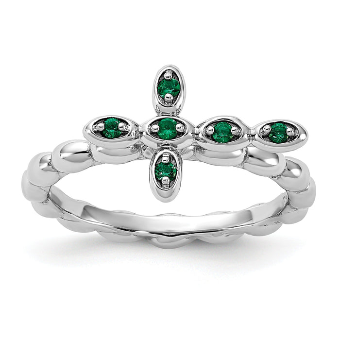 0.01 Ct Round Green Lab Created Emerald Prong Silver Stackable Cross Ring by Fine Color Jewels