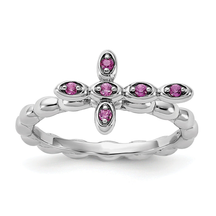 0.14 Ct Round Created Red Ruby Silver Stackable Bezel Cross Ring by Fine Color Jewels