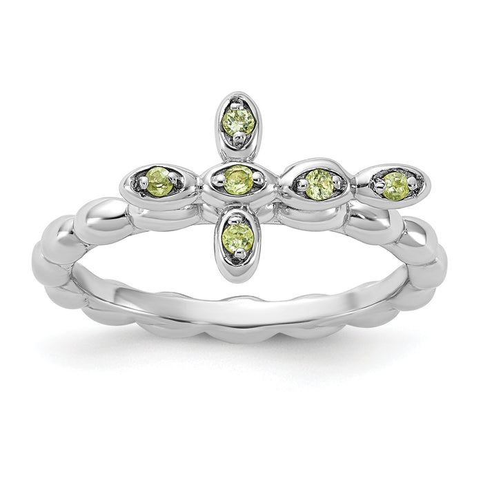 0.09 Ct Round Green Peridot Prong Silver Stackable Cross Ring by Fine Color Jewels