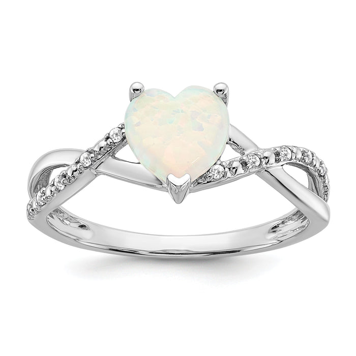 14k White Gold Created Opal and Diamond Pave Heart Ring by Fine Color Jewels