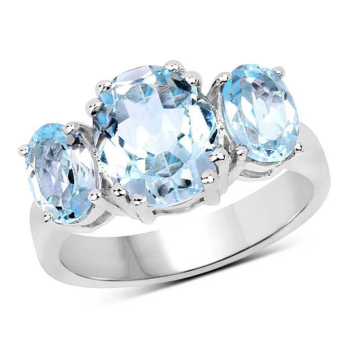 4.45 Ct Oval Blue Topaz Prong Sterling Silver Three Stone Ring by Fine Color Jewels