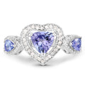 0.95 Ct Heart Violet Tanzanite & Diamond Prong Silver Halo Three Stone Ring by Fine Color Jewels