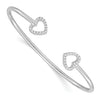 Round White Cubic Zirconia Prong Sterling Silver Two Heart Open Cuff Slip-On Bangle Bracelet