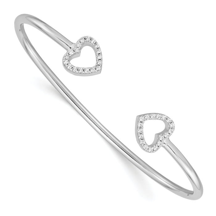 Round White Cubic Zirconia Prong Sterling Silver Two Heart Open Cuff Slip-On Bangle Bracelet by Fine Color Jewels
