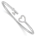 Round White Cubic Zirconia Prong Sterling Silver Heart and Key Flexible Slip-On Bangle Bracelet by Fine Color Jewels