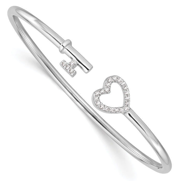 Round White Cubic Zirconia Prong Sterling Silver Heart and Key Flexible Slip-On Bangle Bracelet by Fine Color Jewels