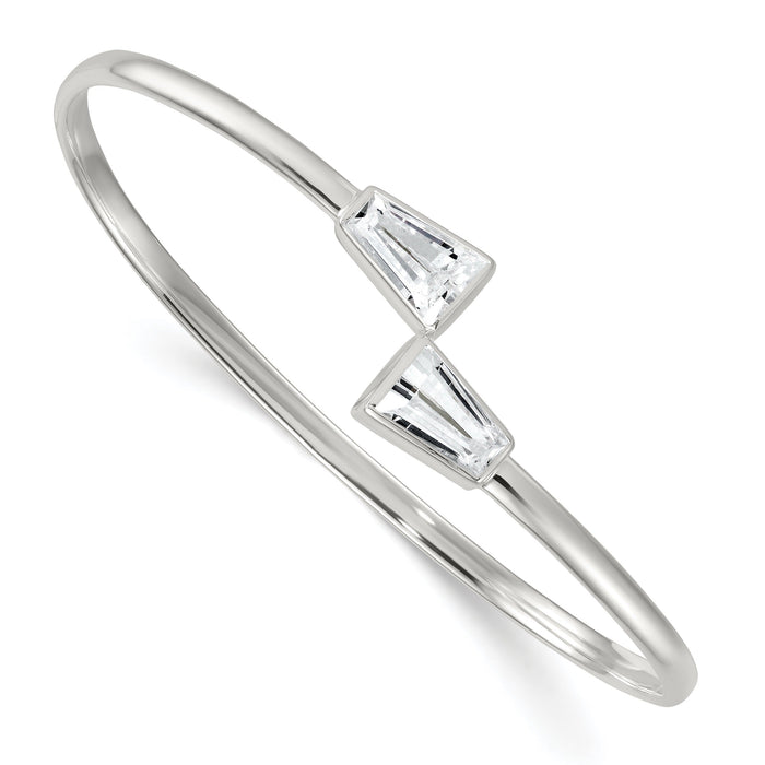 Tapered Baguette White Cubic Zirconia Bezel Sterling Silver Open Bypass Slip-On Bangle Bracelet by Fine Color Jewels