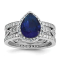 Pear Shaped Created Sapphire Sterling Silver Teardrop Halo Pave Engagement Ring by Fine Color Jewels