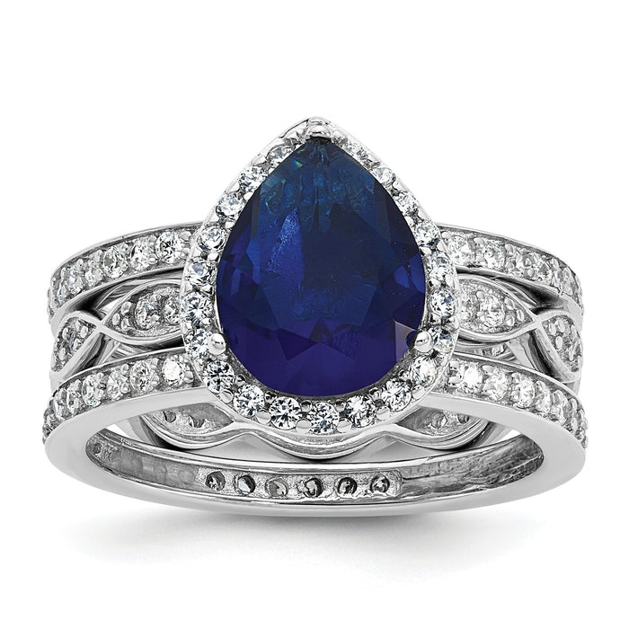 Pear Shaped Created Sapphire Sterling Silver Teardrop Halo Pave Engagement Ring by Fine Color Jewels