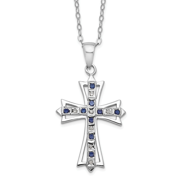 Sterling Silver Natural Diamond and Sapphire Cross Necklace by Fine Color Jewels