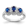 Blue Oval Sapphire and Diamond Prong Sterling Silver Three Stone Halo Ring