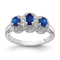 Blue Oval Sapphire and Diamond Prong Sterling Silver Three Stone Halo Ring by Fine Color Jewels