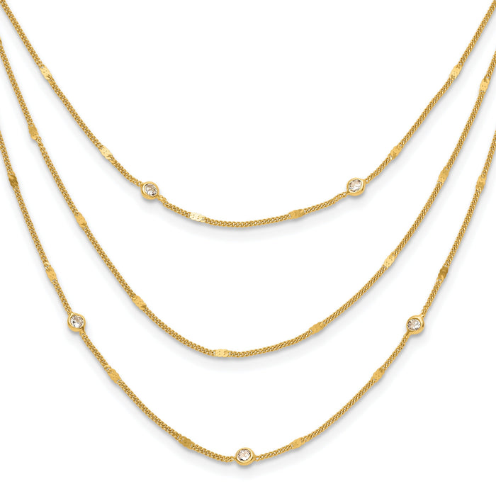 Round White Cubic Zirconia Sterling Silver Gold-Tone Layered Cable Chain Necklace by Fine Color Jewels