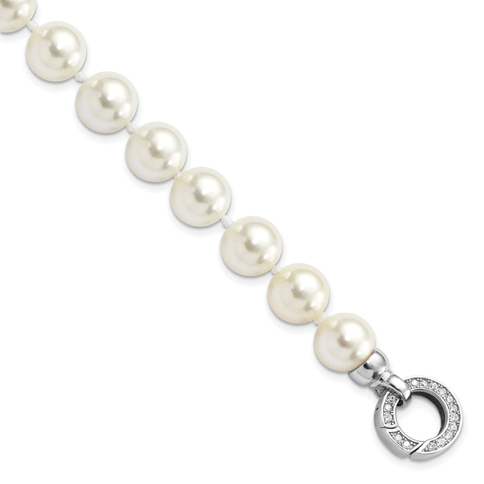 Round White Shell Pearl Rhodium-Plated Clasp Sterling Silver Hand-Knotted Fancy Bracelet by Fine Color Jewels