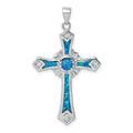 Sterling Silver Lab Created Blue Opal and Cubic Zirconia Cross Pendant by Fine Color Jewels