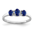 0.85 Ct Oval Blue Sapphire & Diamond Prong Rhodium-Plated Sterling Silver Three Stone Ring by Fine Color Jewels