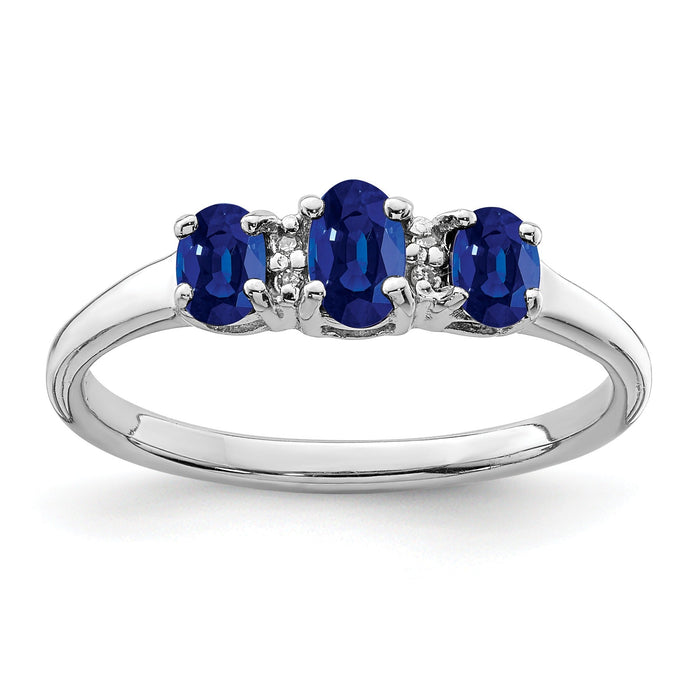 0.85 Ct Oval Blue Sapphire & Diamond Prong Rhodium-Plated Sterling Silver Three Stone Ring by Fine Color Jewels
