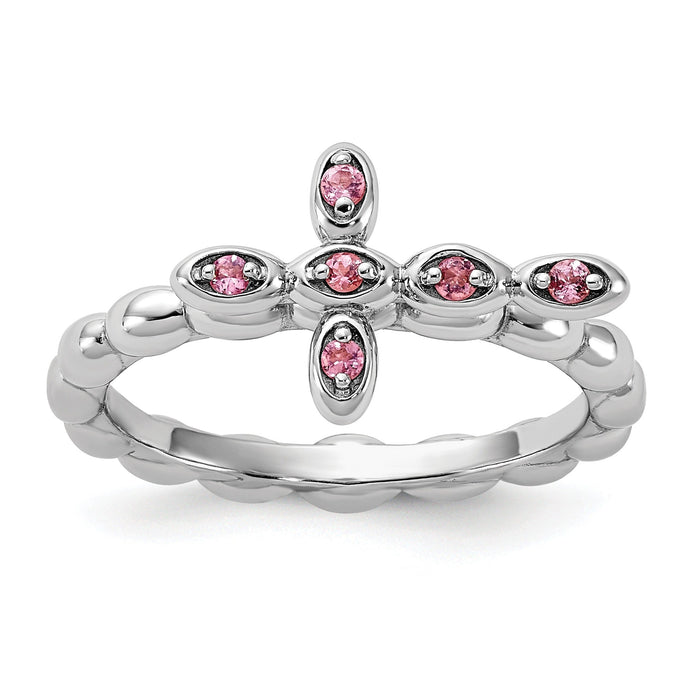 Silver Stackable Natural Pink Tourmaline Cross Ring by Fine Color Jewels