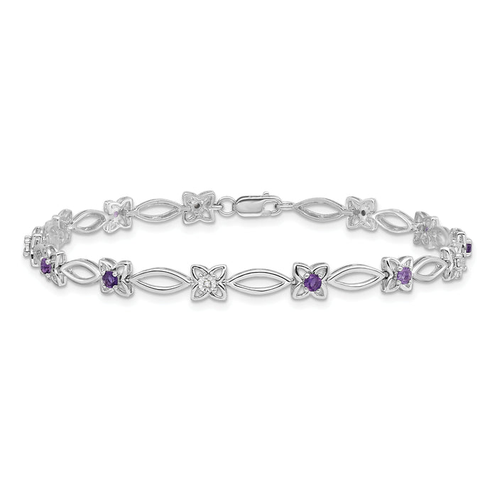 0.47 Ct Round Purple Amethyst & Diamond Prong Sterling Silver Floral Link Bracelet by Fine Color Jewels