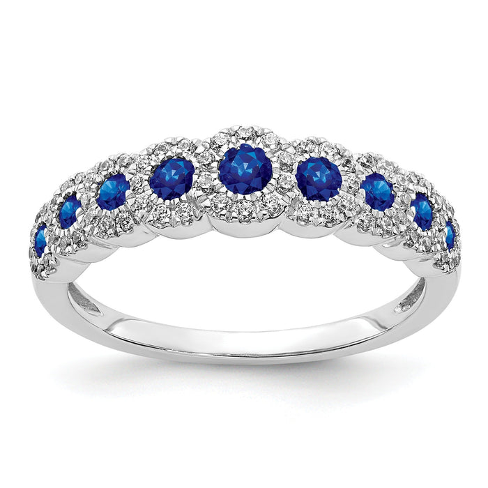 0.86 Ct Round Blue Sapphire & Diamond Prong 14K White Gold Eternity Halo Ring by Fine Color Jewels