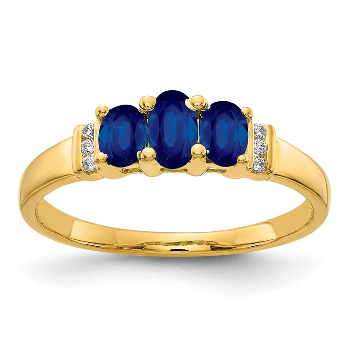 0.79 Ct Oval Blue Sapphire and Diamond Prong 14K Yellow Gold Three Stone Ring by Fine Color Jewels