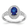 0.68 Ct Oval Lab Created Blue Sapphire and Diamond Prong 14K White Gold Halo Side Pave Ring