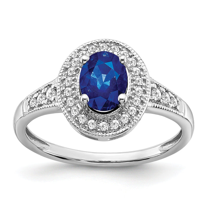 0.68 Ct Oval Lab Created Blue Sapphire and Diamond Prong 14K White Gold Halo Side Pave Ring by Fine Color Jewels
