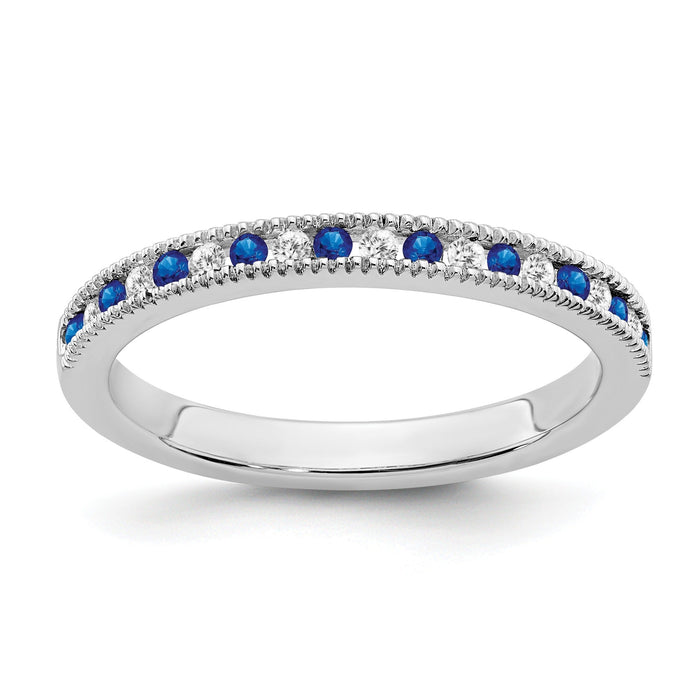 0.58 Ct Round Blue Sapphire & Diamond 14K White Gold Milgrain Band Ring by Fine Color Jewels