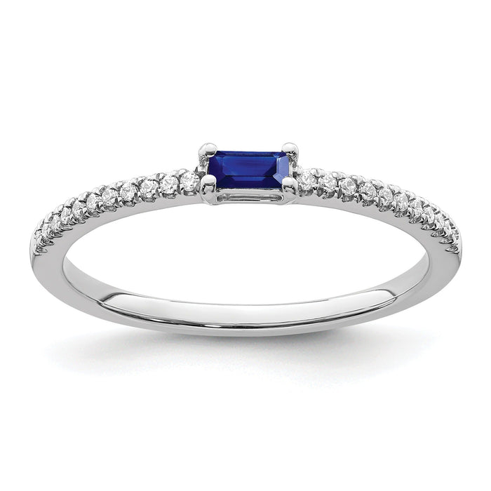 Baguette Blue Sapphire and Diamond Prong 14K White Gold Pave Classic Ring by Fine Color Jewels