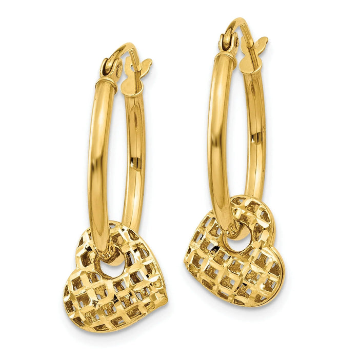 14K Gold Moveable Heart Hoop Earrings by Fine Color Jewels