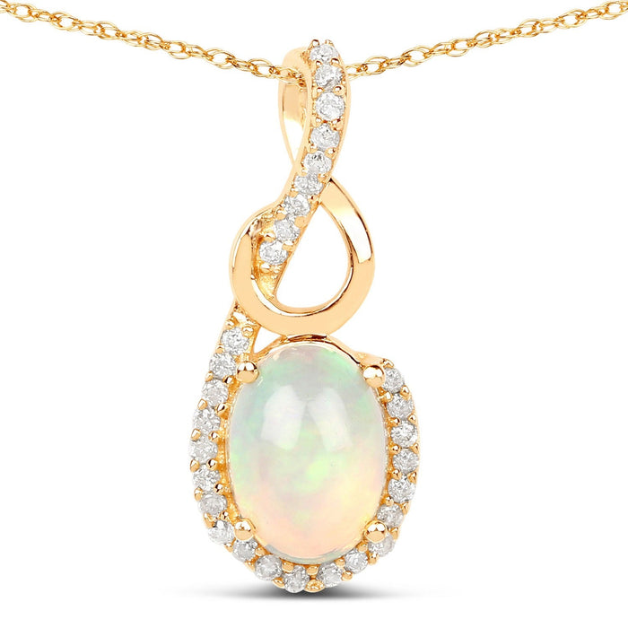 0.48 Ct Oval White Opal & Diamond Prong 14K Gold Plated Silver Crossover Pendant Necklace by Fine Color Jewels