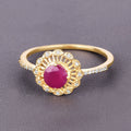 0.55 Ct Round Pink Ruby & Diamond Prong 14K Yellow Gold Halo Floral Ring by Fine Color Jewels