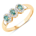0.46 Ct Green Genuine Alexandrite and Diamond 18K Yellow Gold Three Stone Halo Ring by Fine Color Jewels