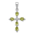 Silver Rhodium Pear Peridot and Diamond Cross Pendant by Fine Color Jewels