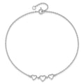 Silver Three Hearts Adjustable Anklet by Fine Color Jewels