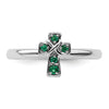 0.04 Ct Round Green Lab Created Emerald Prong Silver Stackable Cross Ring