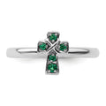 0.04 Ct Round Green Lab Created Emerald Prong Silver Stackable Cross Ring by Fine Color Jewels