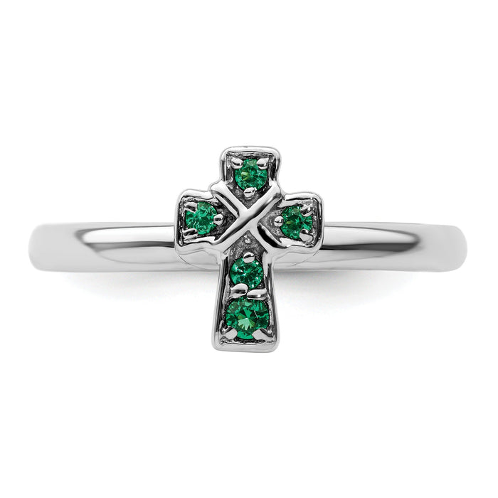 0.04 Ct Round Green Lab Created Emerald Prong Silver Stackable Cross Ring by Fine Color Jewels