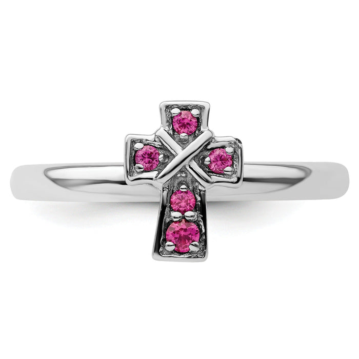 0.14 Ct Round Lab Created Red Ruby Silver Stackable Cross Bezel Ring by Fine Color Jewels